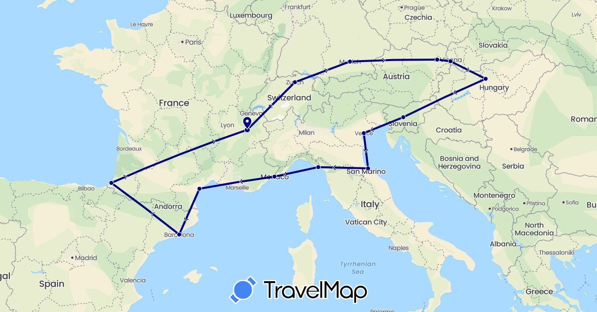 TravelMap itinerary: driving in Austria, Switzerland, Germany, Spain, France, Hungary, Italy, Monaco, Slovenia, Slovakia (Europe)
